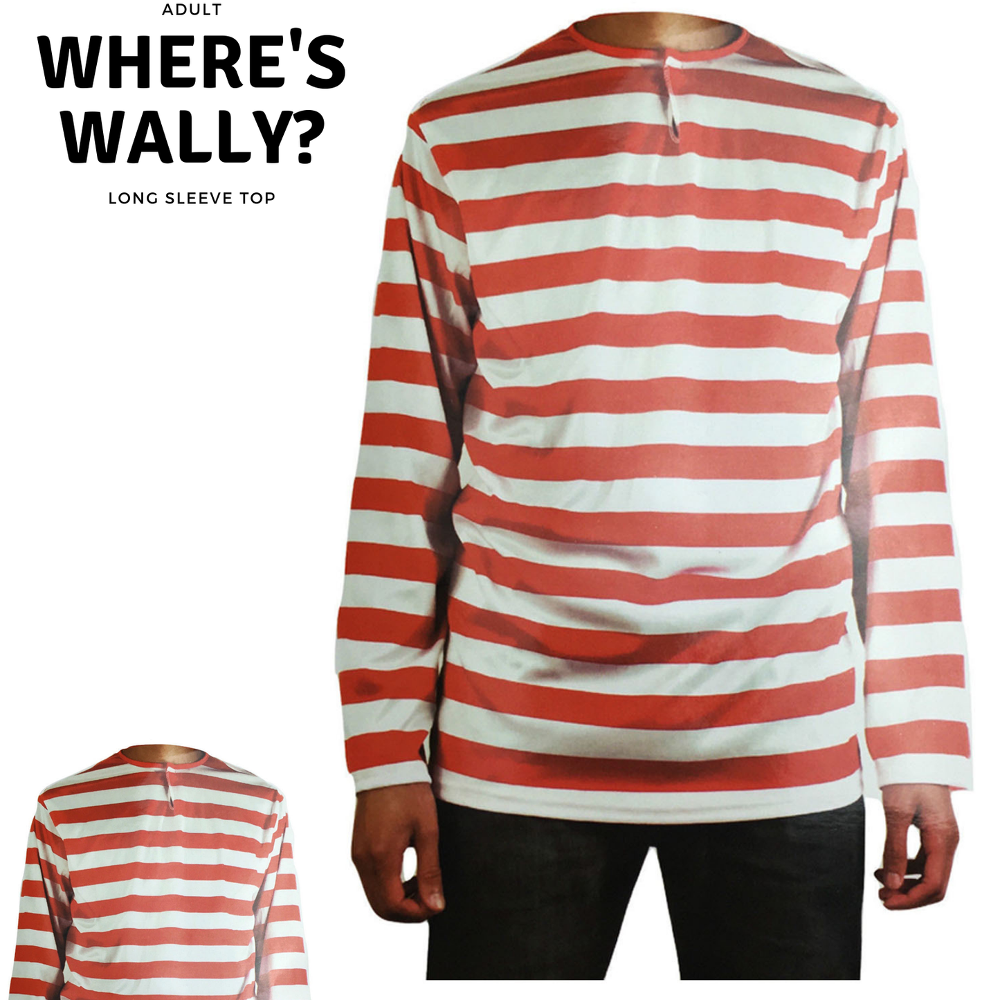 ADULTS Wheres Wally Book Week Red and White Striped Top Shirt Costume Party Dress Up - Large